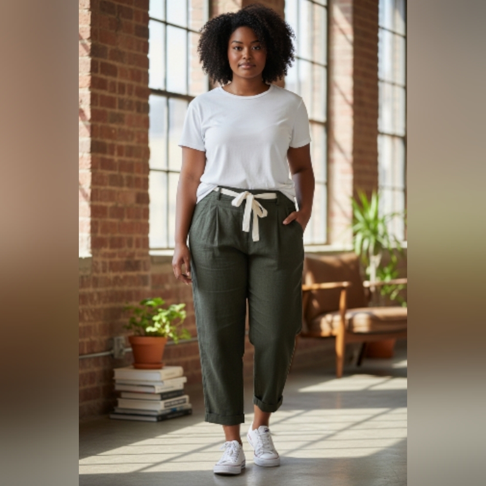 Aritzia Olive Green Straight-Leg Paperbag Waist Pants
